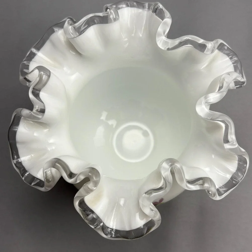 Fenton Silver Crest Vase Lilacs In The Snow Hand Painted Ruffled Milk Glass